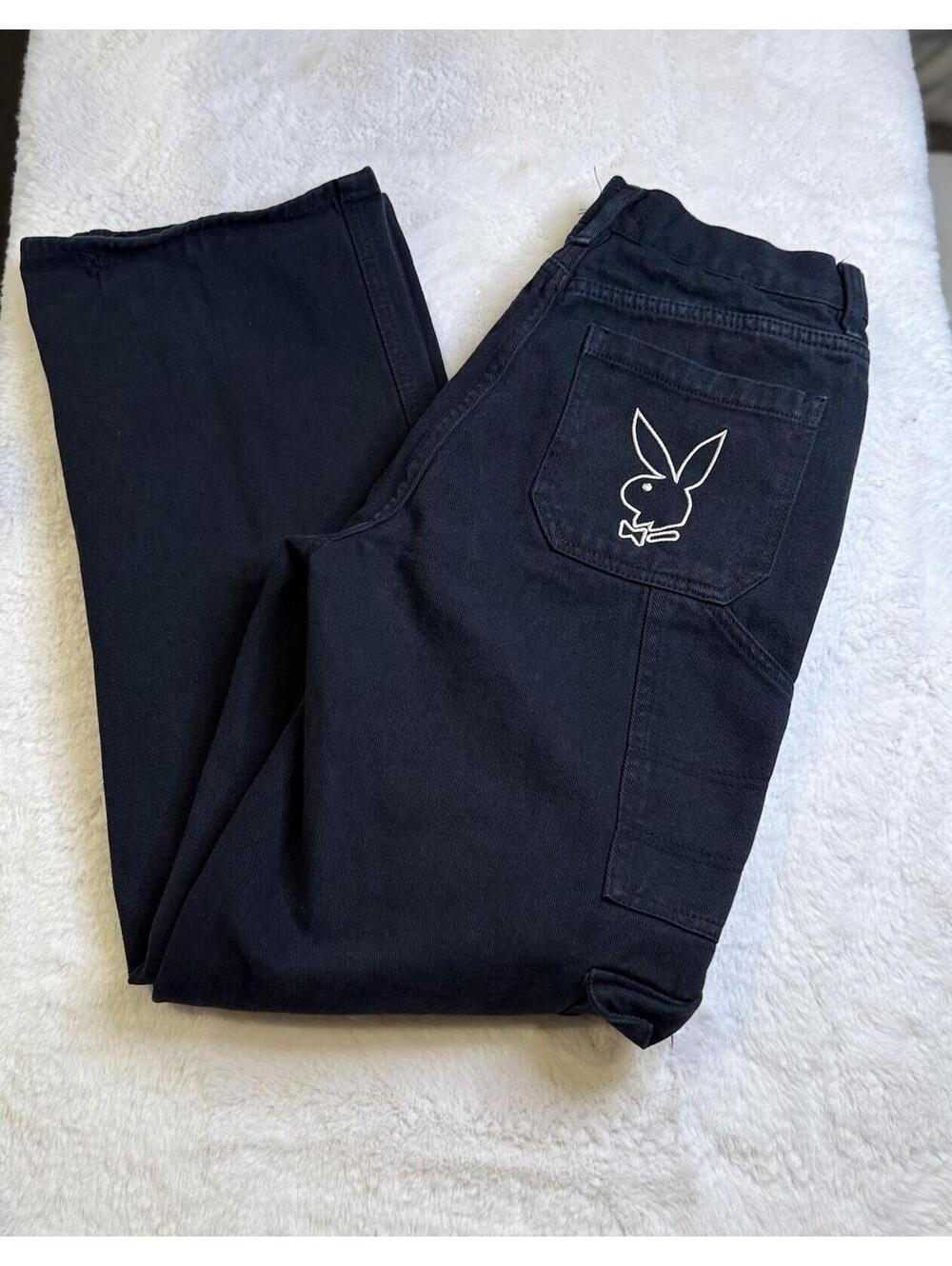Playboy by PacSun Black Cargo Carpenter Pants Wide Leg Bunny Logo Womens 28